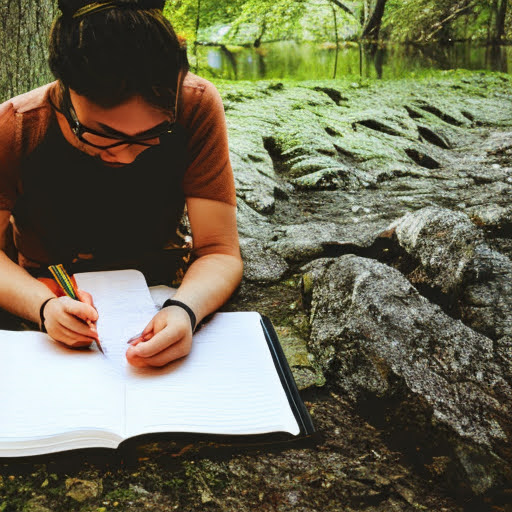 a poet writing poems in a journal outside in nature generated by Stable Diffusion v2.0